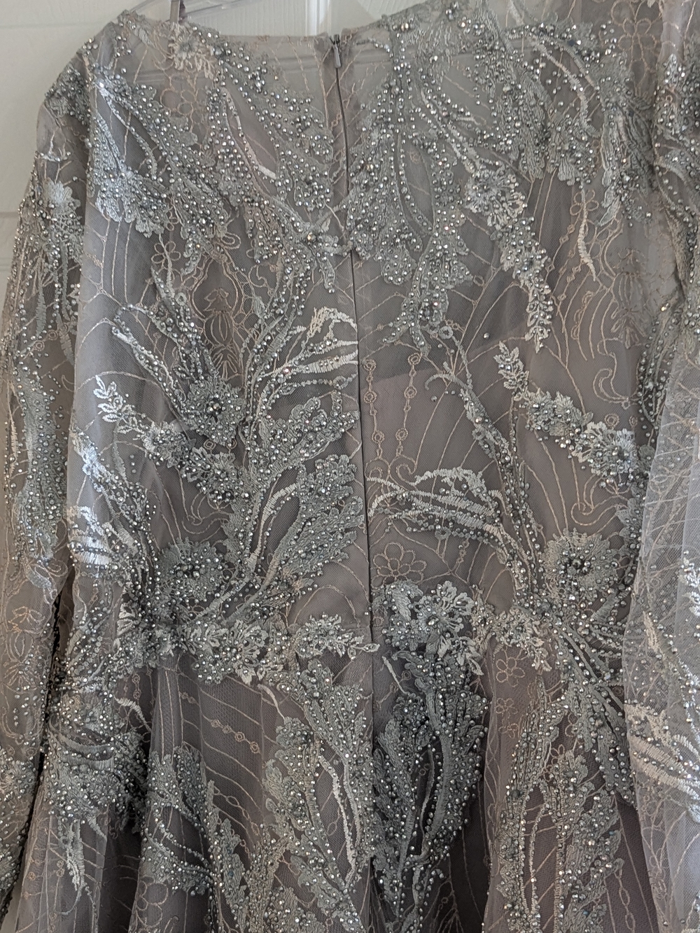 Mac Duggal Silver Embellished Illusion Evening Dress - Picture 3 of 5